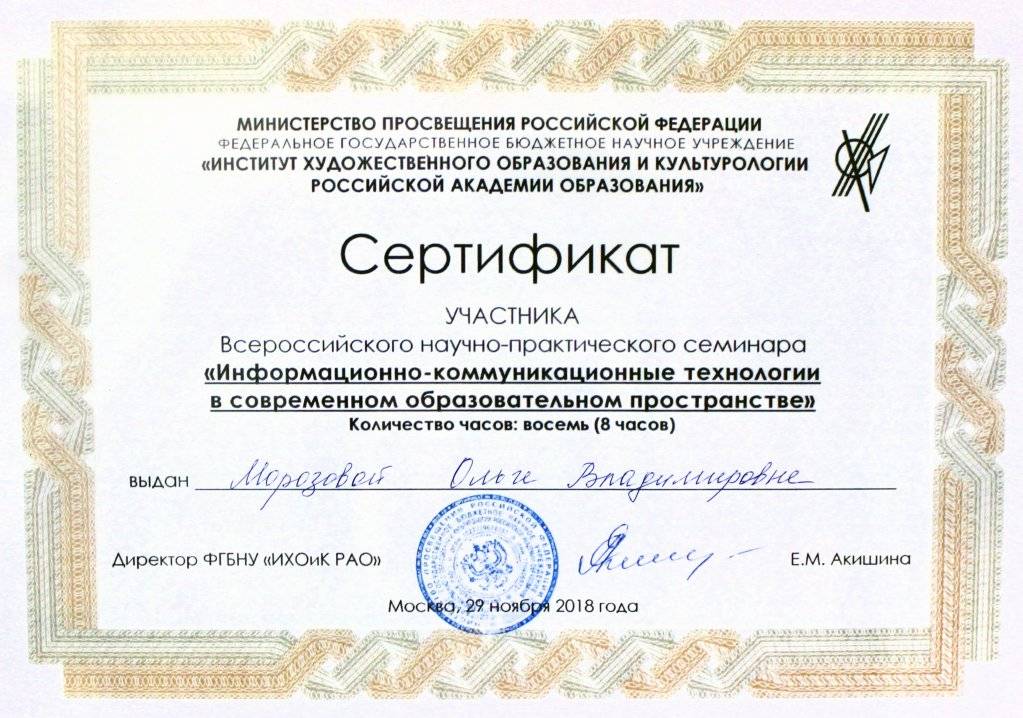 2018 Сертификат участника Всероссийского научно-практического семинара ИХОиК РАО.jpg